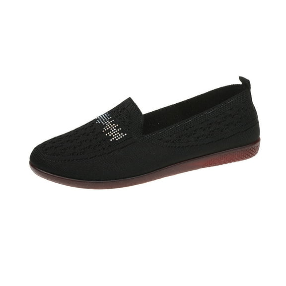 Black Ladies Slip On Flat Shoes Round Toe Breathable Mesh Lightweight Solid Color Casual Outdoor Indoor Footwear
