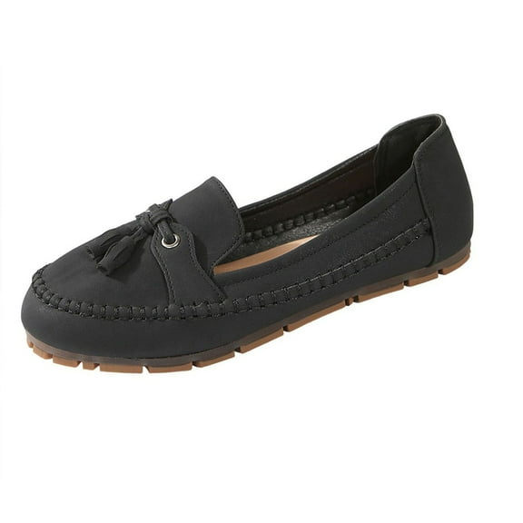 Black Ladies Slip On Loafers With Tassel Soft Flat Sole For Casual Indoor And Outdoor Comfortable Use