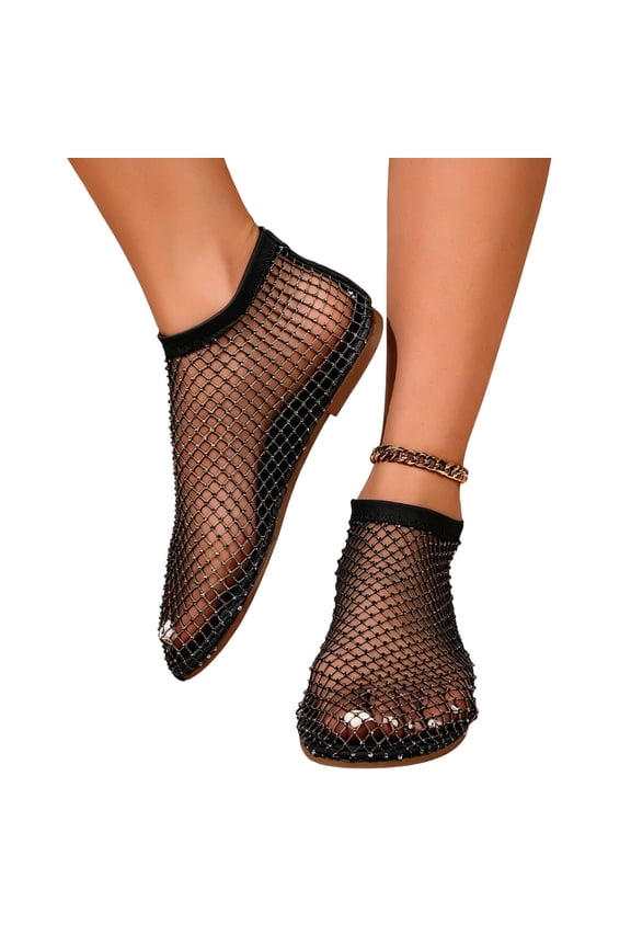 Black Ladies Sparkly Crystal Rhinestone Mesh Balletcore Flats Fishnet Ankle On Breathable Sandals For Party