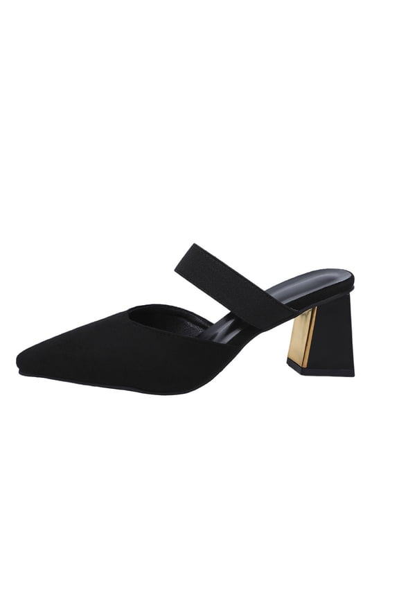 Black Ladies Spring Fashion Sandals Pointed Toe Chunky Heel High Heel Slip-On Summer Shoes