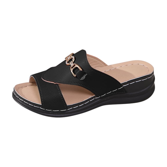 Black Ladies Spring Summer Slippers With Metal Buckle Round Toe Open Toe One Foot Thick Bottom Wedge Heel For Leisure