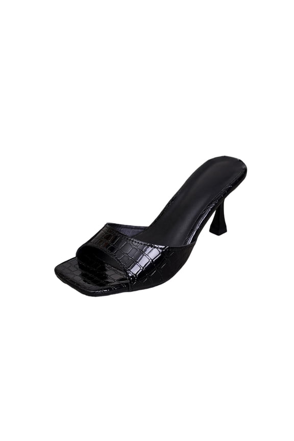 Black Ladies Square Toe Mules With Stiletto Heel And Open Toe Style Versatile