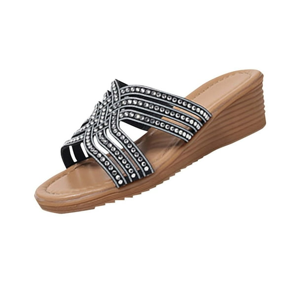 Black Ladies Stylish Everyday All-Match Rhinestone Design Comfort Thick Soled Slope Heel Sandals For Spring Summer Walking