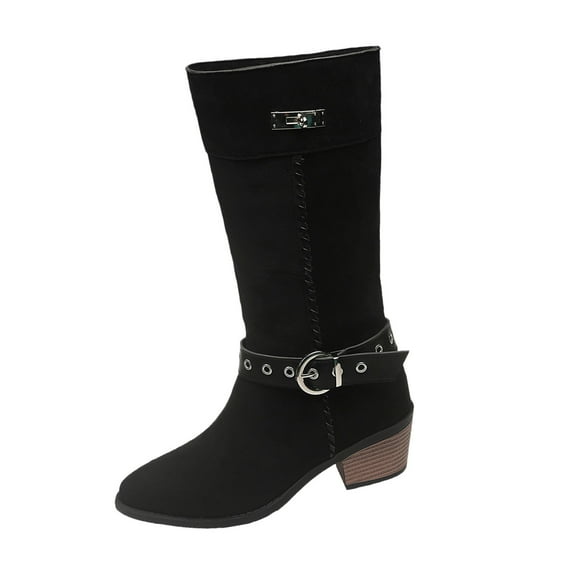 Black Women'S Mid Calf Boots Chunky Heel Suede Fashion Buckle Decoration Fall Winter Retro Style Boots Size 38