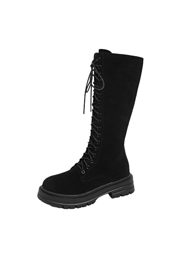 Black Women'S Suede Mid Calf Boots Lace Up Side Zipper Low Chunky Heel Comfortable Height Increasing Casual Fall Winter Boots Size 7