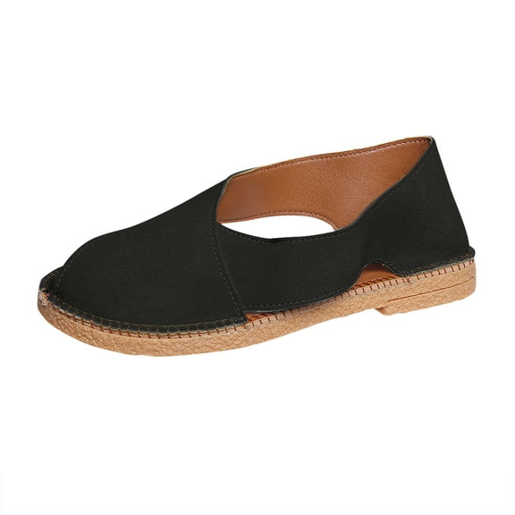 Black Ladies Summer Sandals With French Flat Bottom Design Heel Cover And Hollow For Casual Footwear