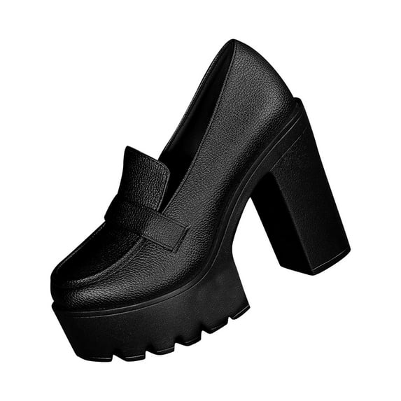 Black Ladies Summer Thick Bottom Deep Mouth Leather Shoes With Sturdy Heel For Comfortable Daily Use
