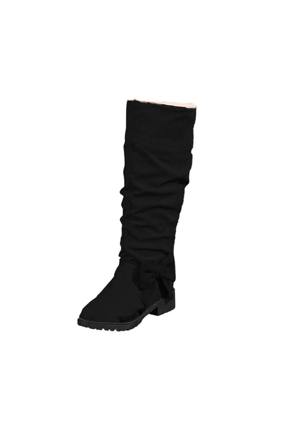 Black Ladies Tall Boots With Bow Closure Round Toe And Heel Ideal For Cold Seasons Comfortable And Versatile For Outdoor Wear