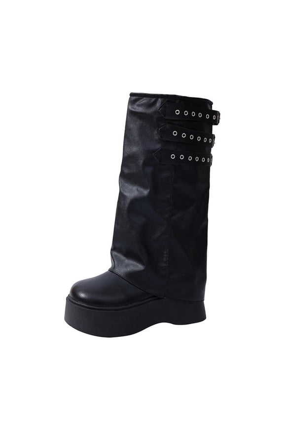 Black Ladies Thick Bottom Knee High Boots Round Toe Trouser Style Solid Winter Casual Style