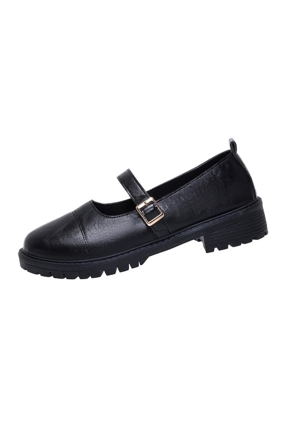 Black Ladies Thick Sole Loafers Pu Low Heel Round Toe Platform Chunky Heel Casual