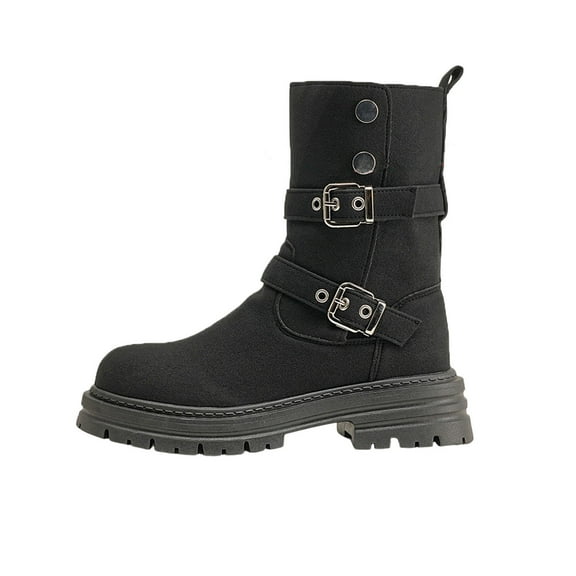 Black Ladies Trendy Comfort Boots Featuring Round Toe And Belt Buckle Design Low Heel For Outdoor Indoor Lifestyle