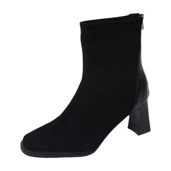 Black Ladies Versatile Big Dimensions Round Toe Comfortable Chunky Heel Shoes Autumn Winter Thick Sole Short Boots With Rear Zipper For Casual Outings