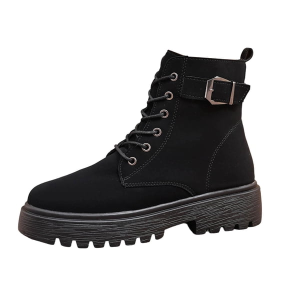 Black Ladies Versatile British Style Boots With Round Head Side Zipper Thick Bottom For Training And Leisure