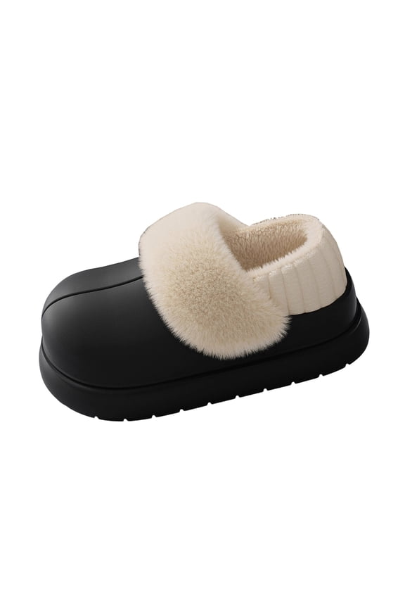 Black Ladies Warm Fleece Lined Slippers Indoor Thick Sole Non-Slip Home Sandals Fall Winter Cozy Comfort Soft Fabric Closed Toe Perfect For Home