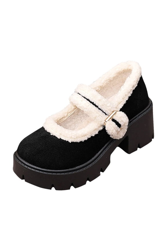 Black Ladies Warm Round Toe Plus Velvet Thick Heel Thick Bottom Loafers Mid Heel For Walking