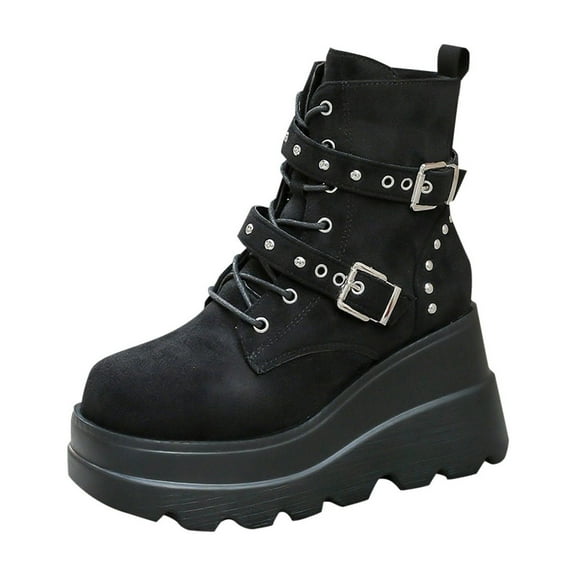 Black Ladies Wedge Heel Boots With Round Toe Lace Up For Casual Walking