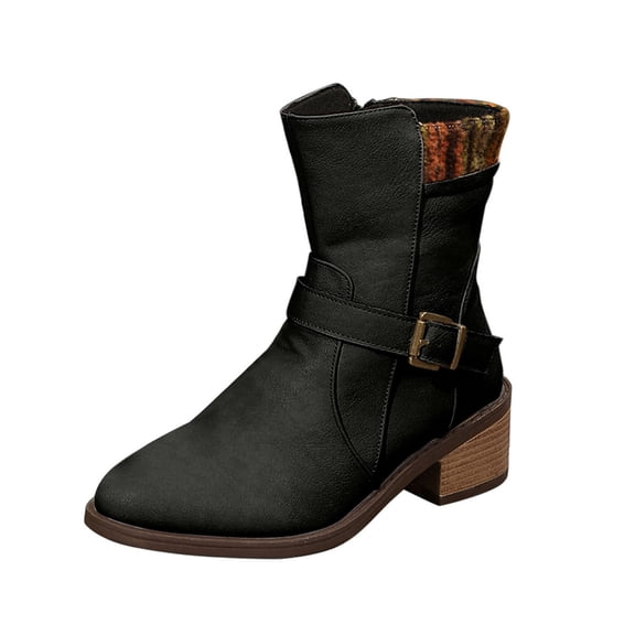 Black Ladies Winter Ankle Boots With Side Zipper Low Heel For Plus Size Comfort Indoor Outdoor