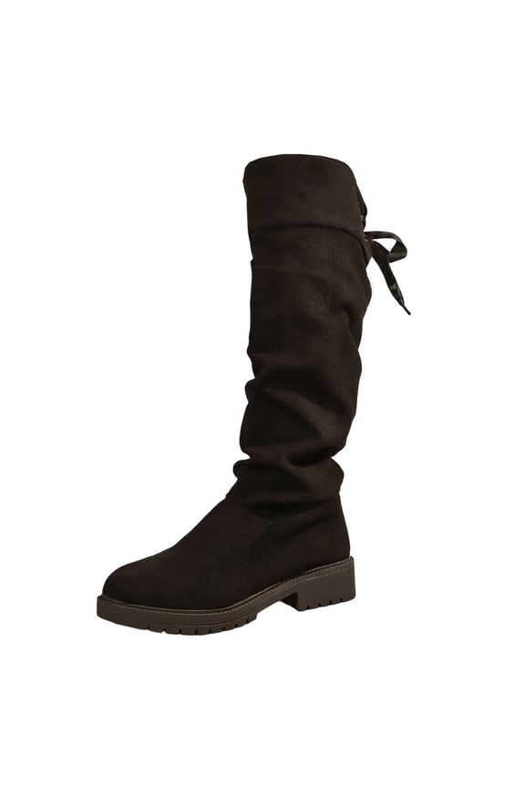 Black Ladies Winter Lace Up Round Toe Knee High Boots Mid Heel Wrinkled Shaft Slouchy Knight Boots Casual Riding Boots