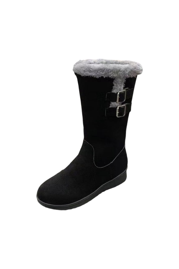 Black Ladies Winter Mid-Tube Boots With Thick Sole And Plus Velvet Thickened Design Great For Cold Climate And Fashionable Moments
