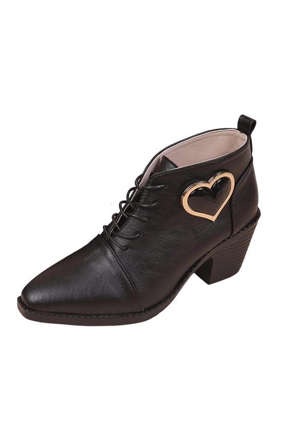 Black Ladies Winter Pointed Toe Lace Up Ankle Boots Chunky Heel Heart Detail Solid Color Casual Versatile Office Booties