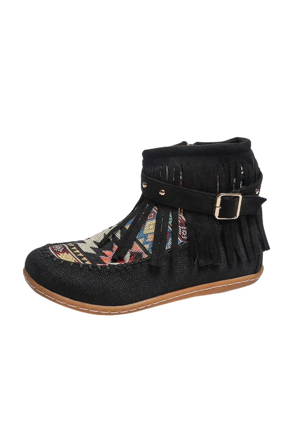 Black Ladies Winter Tassel Ankle Boots Fringe Side Zipper Flat Sole For Outdoor Casual Comfort