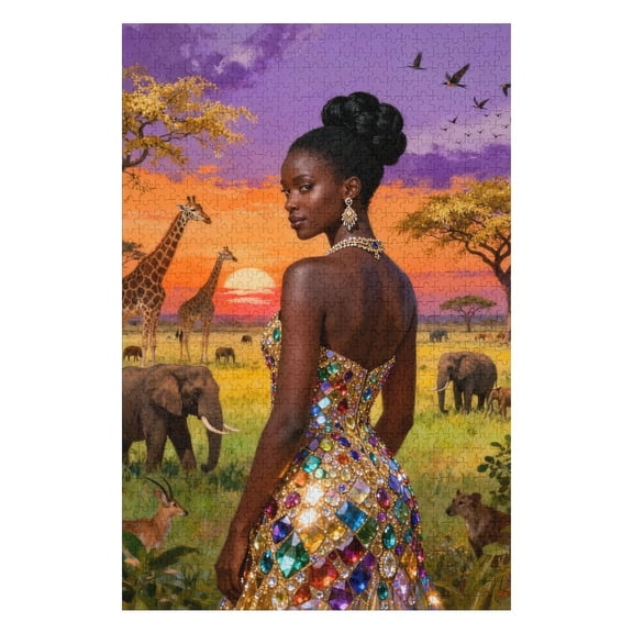 Black Lady Jigsaw Puzzles 1000 Pieces for Adults, Families (Queen,Deer, Giraffes, Savanna,Elephants) Pieces Fit Together Perfectly 30x20 Inch AnimalWildlife Magic Puzzle Art