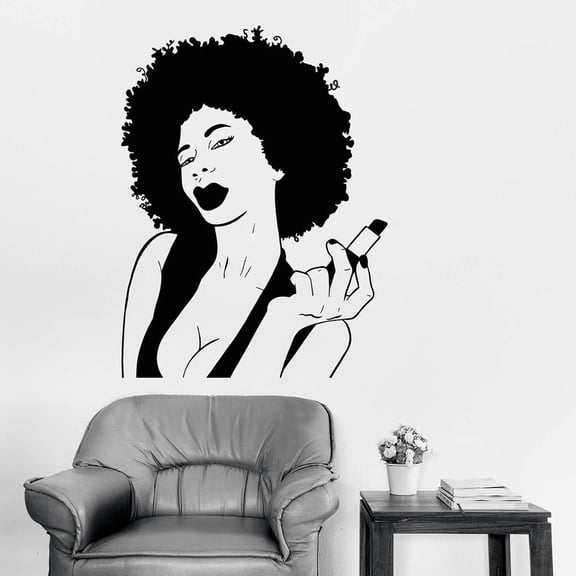 Black Lady Vinyl Wall Decal Makeup Beauty Salon Lipstick Afro Style Art Wall Stickers for Beauty Salon Bedroom Decor Mural 42x32cm