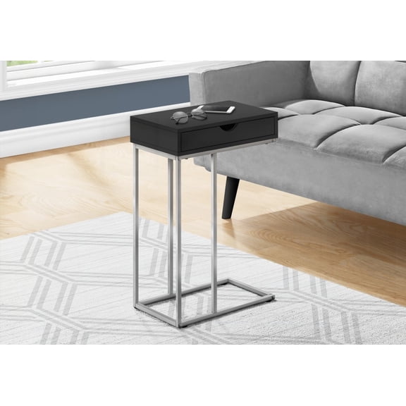 Black Laminate & Grey Metal C-shaped Accent Table, with Storage Drawer, for Living & Bedroom Use