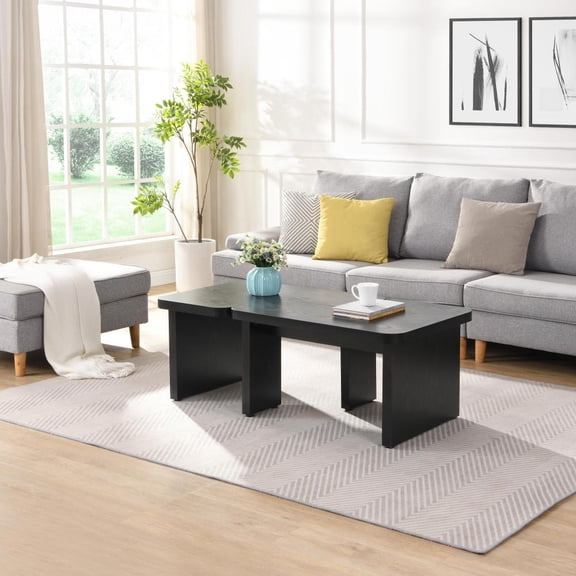 Black Laminated MDF L-Shaped Detachable Farmhouse Coffee Table, 40mm Thick Board Open Storage Freestanding Living Room Accent Table