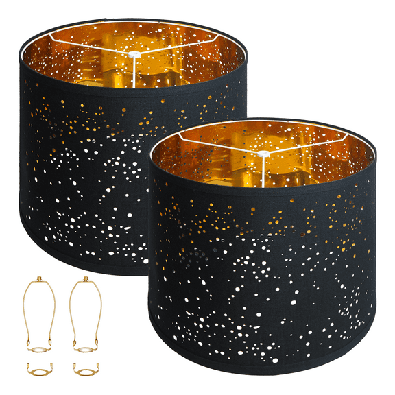 Black Lamp Shades Set of 2, Drum Medium Lampshades with Sky Stars Design, 13" x 13" x 10" Lampshade for Table Lamp, Floor Lamp, Pendant Light, Assembly Required Replacement Linen Lamp Cover
