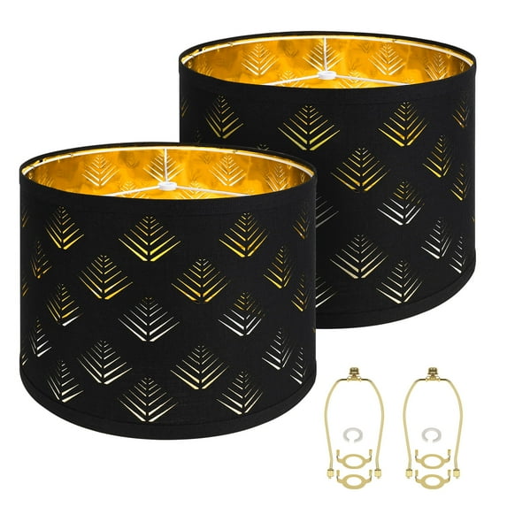 Black Lamp Shades Set of 2, Medium Fabric Lampshades with Leaf Design, 13" x 13" x 10" High Drum Lampshade for Table Lamp, Floor Lamp, Pendant Light, Assembly Required Replacement Lamp Cover