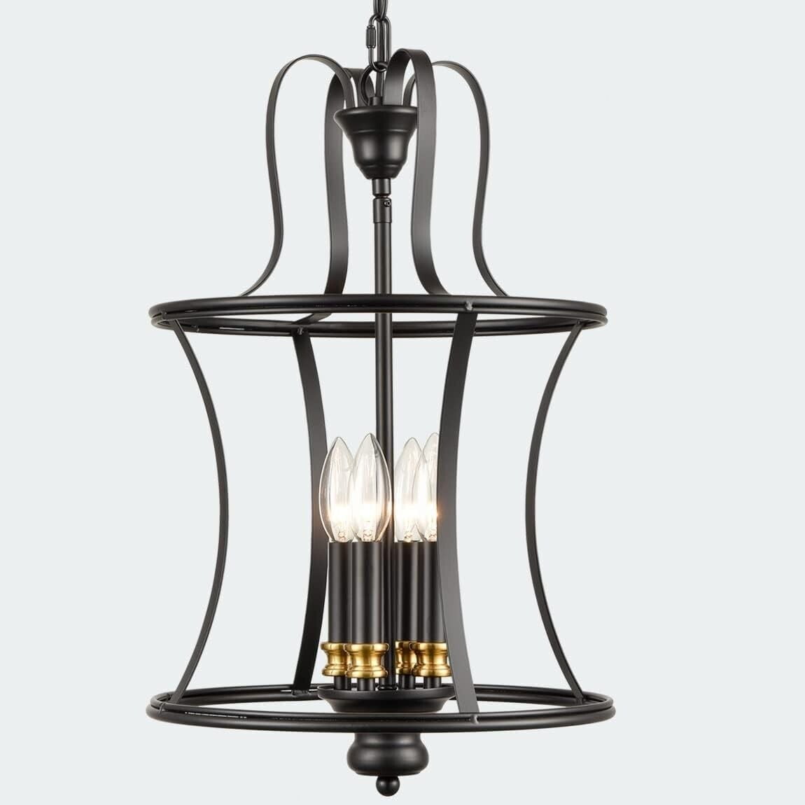 Polished Black Metal Lantern Cage Outdoor Pendant Light