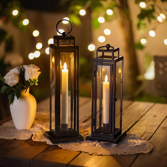 Black Lanterns Decorative Indoor Set of 2 : 13" & 15" Glass Outdoor Lantern Candle Holder with LED Taper for Porch Fireplace Living Room Tall Decor