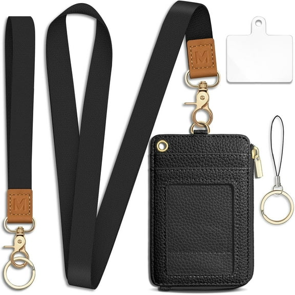Black Lanyard Wallet with ID Badge Holder, Business Small RFID Wallet Women Keychain Wristlet, Slim Credit Card Holder with Zipper Pocket Phone Lanyard Wrist Strap Name Tag Office Teacher Gift