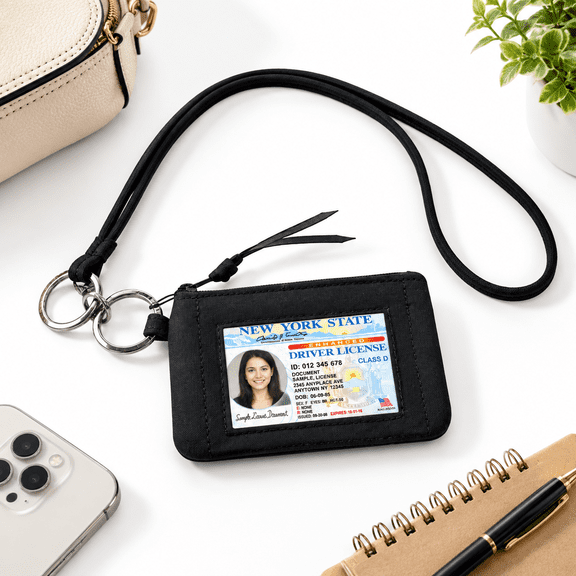 Black Lanyard Wallet ID Card Holder with Keychain for Work School Teachers