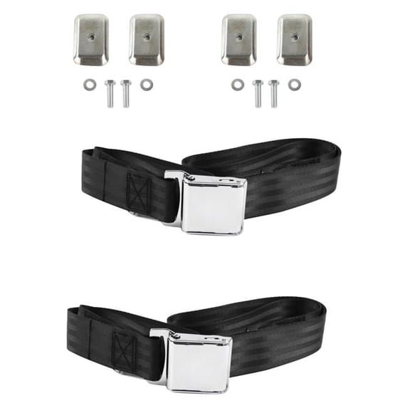 Black Lap Bucket Seat Belt Kit with Bracketry for 1953-1957 VW Type 1 Oval Airplane 2 Point - 2 Belts