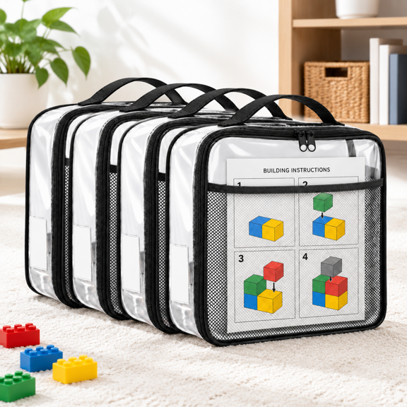 Black Large 4 Pack PVC Zippered Craft Hobby Storage Bags For Building Bricks