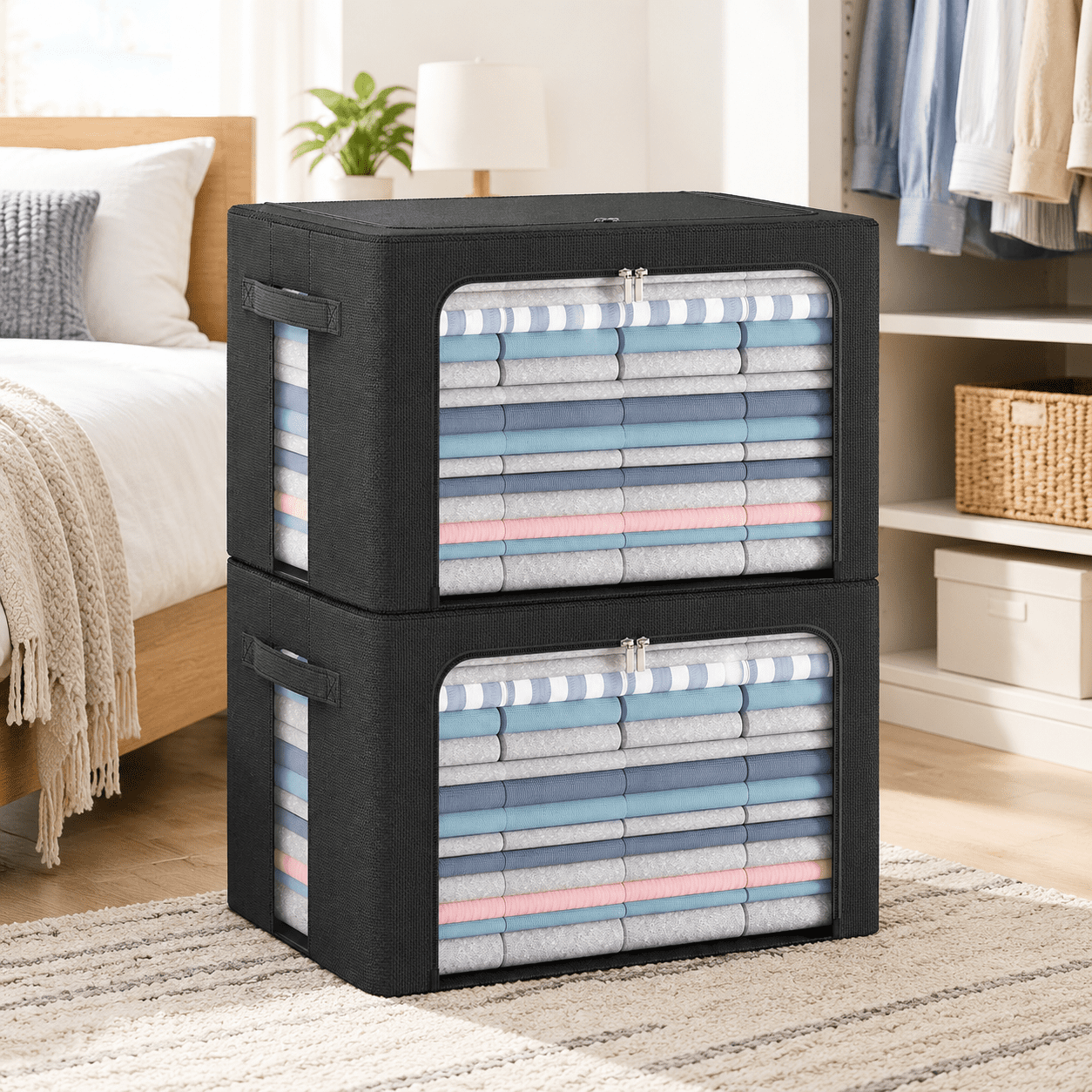 Black Large-66L Linen Fabric Foldable Stackable Storage Organizer with ...
