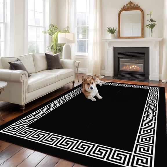 Black Large Area Rugs 8x10 ft Greek Chinese Style Border Geometric Washable Rug Non Slip Indoor Carpet Absorbent Floor Mat for Living Room Bedroom Dining Room