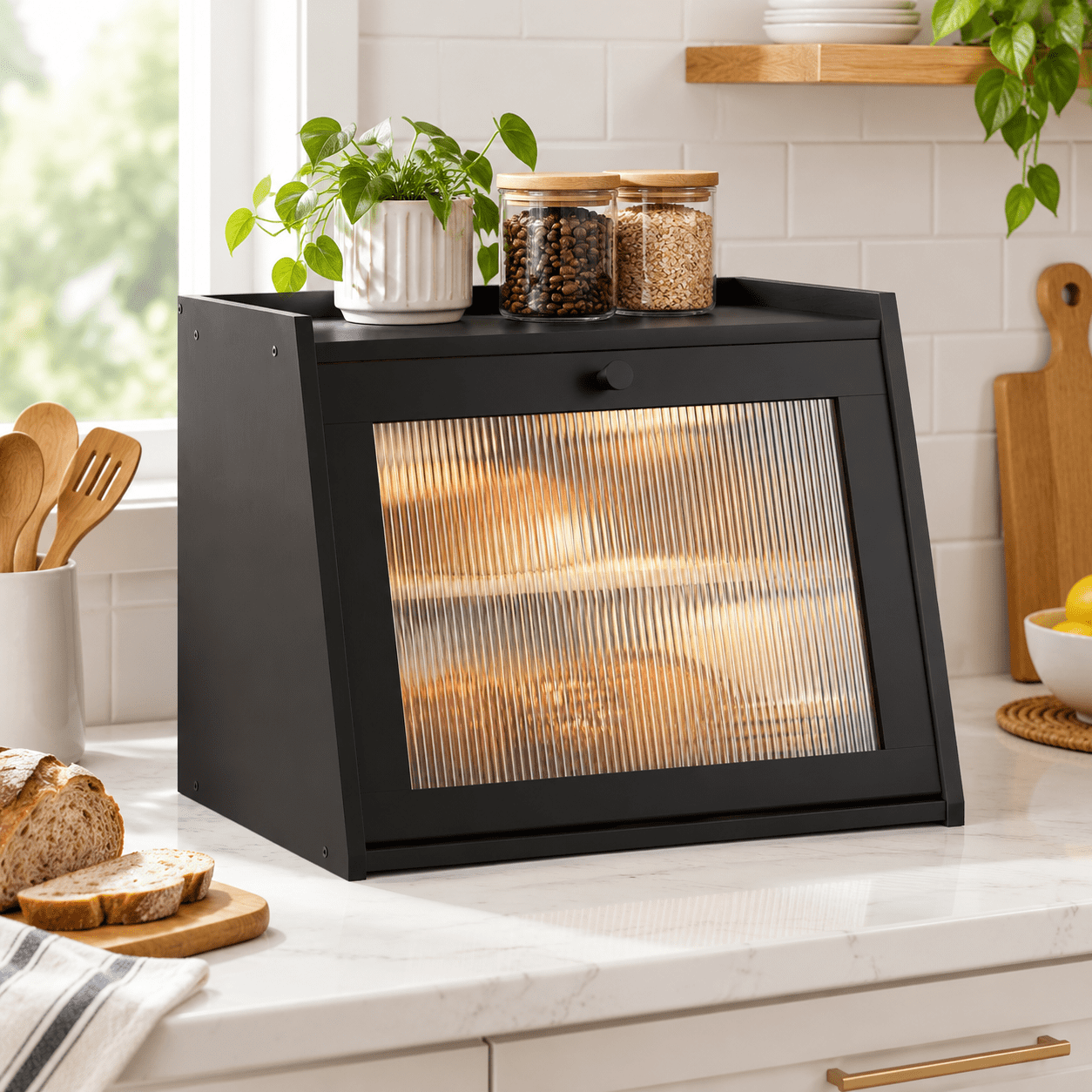 Black Large Bread Box with Door for Kitchen Countertop Storage ...