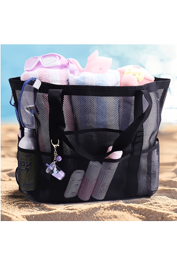 Black Large Canvas Beach Tote Bag with Adjustable Shoulder Strap, 9 Pockets Sandproof Mesh Shoulder Bag, Foldable Portable Reusable Handbag, Multifunctional Summer Essentials for Beach, Swimming, Gy