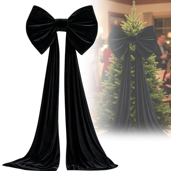 Black Large Christmas Bows, Extra Large Velvet Holiday Bow with 62.99 Inch Tails, Gothic Christmas Tree Decor for Door Staircase Mantel Party Backdrop