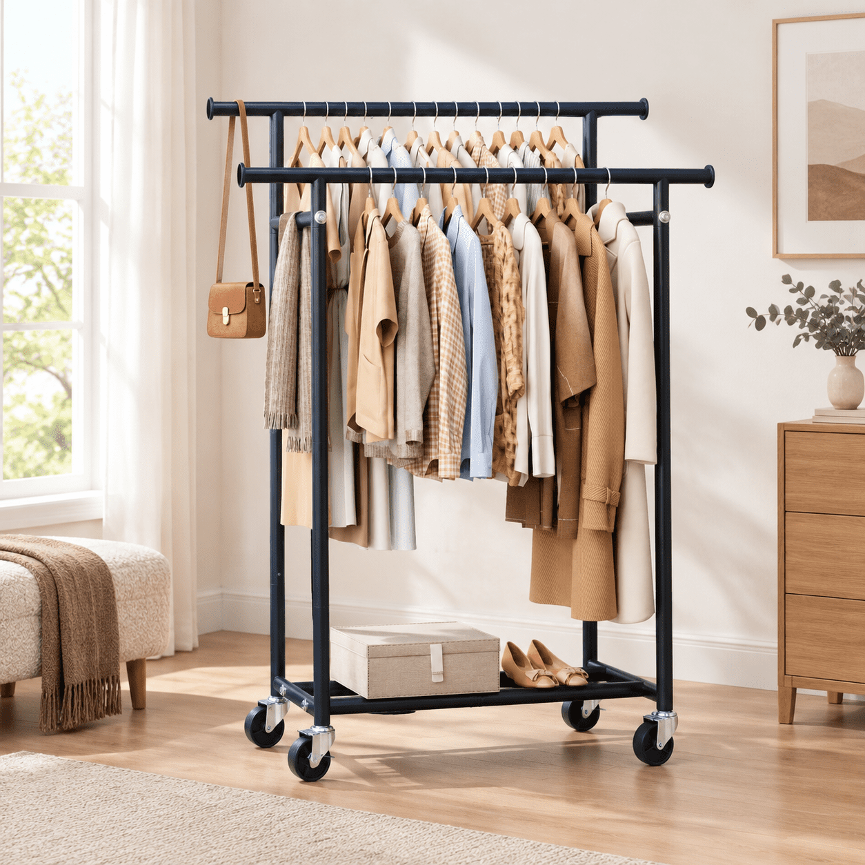 Safe Rack Garment Rack Black Large Double Rod Rolling Clothes Rack, Heavy Duty Garment Rack ...