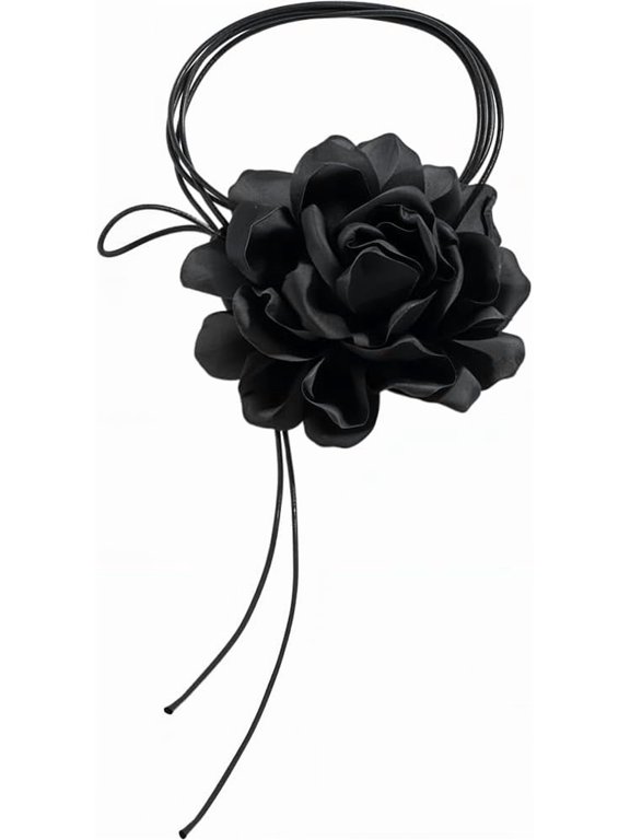 Black Large Flower Choker Necklace Vintage Retro Rose Adjustable Long Wrap Fabric Cloth Gothic Boho Handmade Leather Collar Tie
