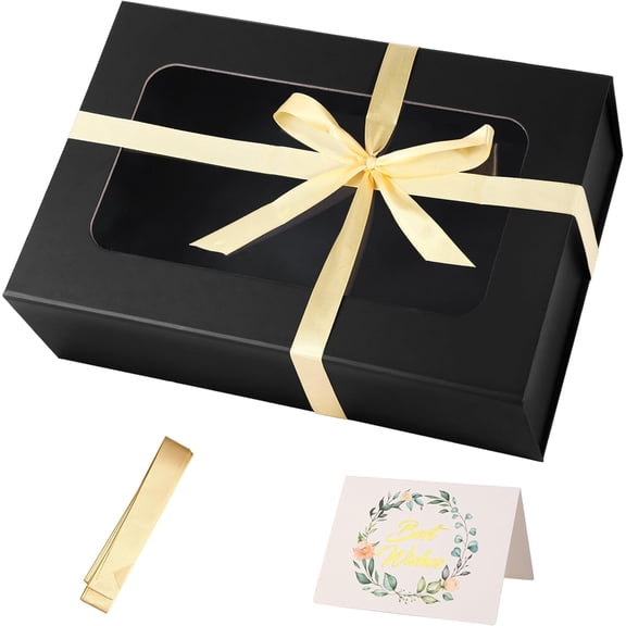 Black Large Gift Box with Window,13.5"x9"x4.3"Magnetic Closure Lid