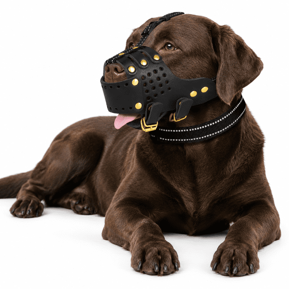 Black Large Leather Dog Muzzle for Large Dogs, Breathable Adjustable Pet Muzzle