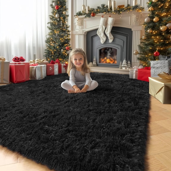 Black Large Living Room Rugs,6x9 Rug,Large Fluffy Area Rug for Bedroom,Soft Fuzzy Shag Rug for Kids Room,Thick Big Modern Rug for Living Room Decor,Plush Cool Rug,Carpet