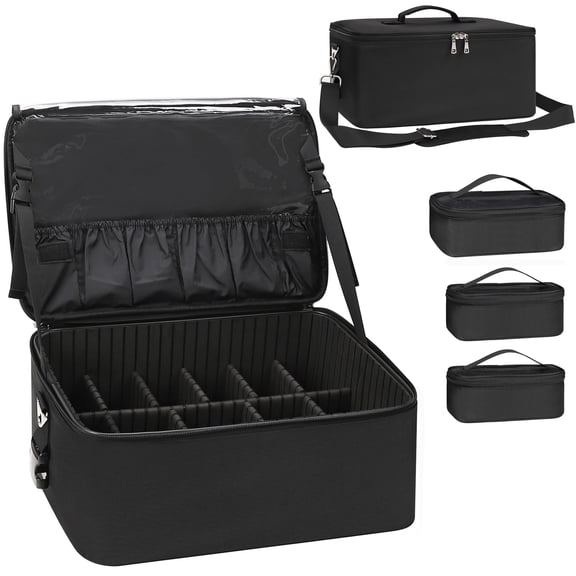 Black Large Makeup Case Professional Storage Organizer with Clear Bags and Adjustable Dividers