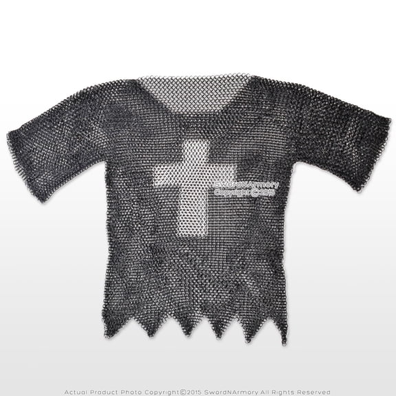 Black Large Medieval Chainmail Shirt Steel Butted Half Sleeve with Templar Cross