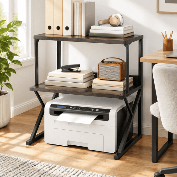 Black Large Metal and Wood Desk Printer Stand for Home Office